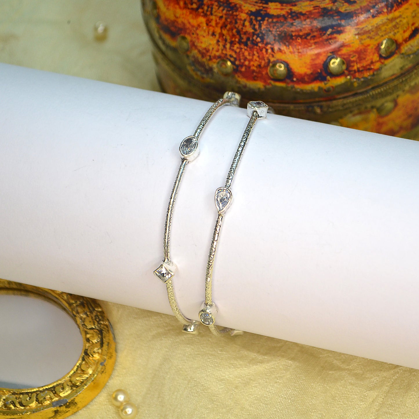 Tara Crystal Stone Silver Bangles