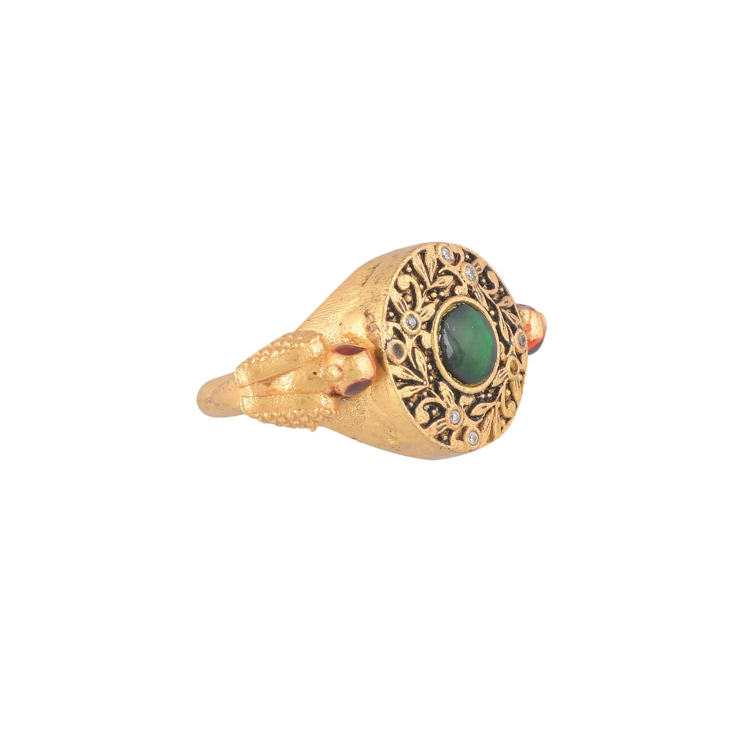 BATUL GREEN STONE
 GOLD PLATED ENGRAVED RING