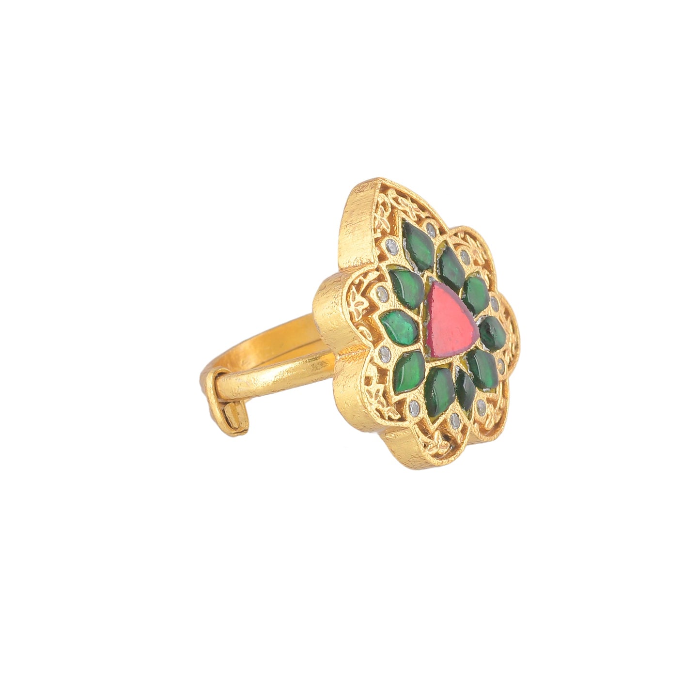 DEETA PINK-GREEN STONE FLOWER, GOLD PLATED RING