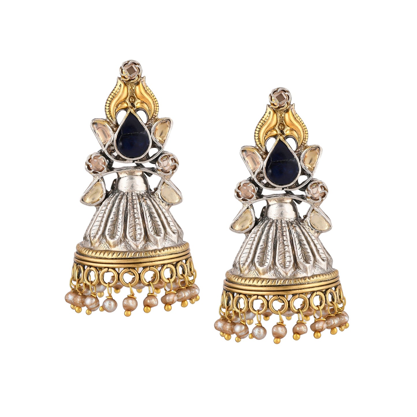 DARIKA BLUE STONE DOME SHAPED SILVER GOLD PLATED EARRING