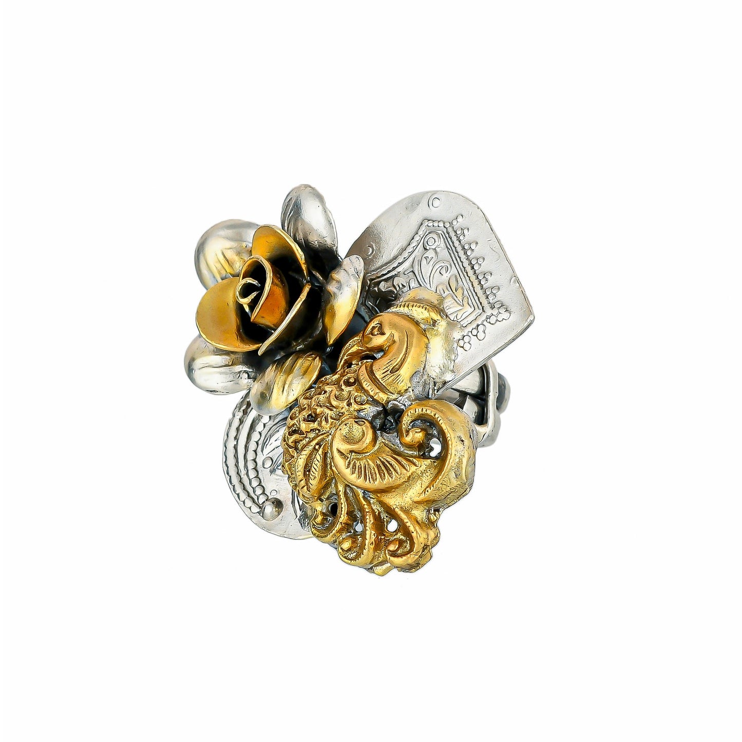 TURVI GOLD PLATED MAYOOR & ROSE SILVER RING