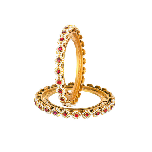 KASHVI RED STONE BEADED BEADS, GOLD PLATED SILVER, BANGLES